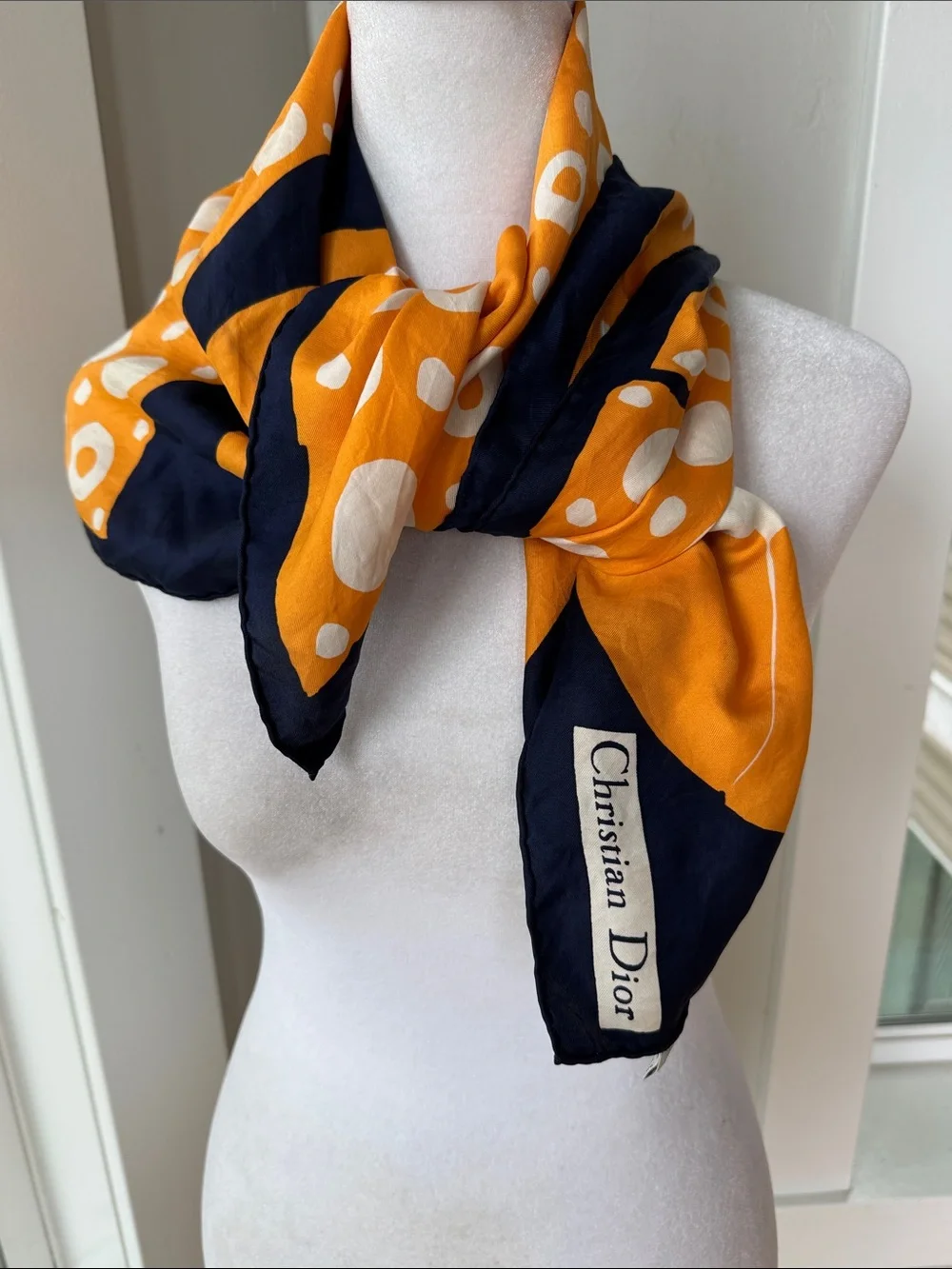 Vintage Christian Dior Orange White Navy Blue Polka Dot Silk Scarf 30” Sq